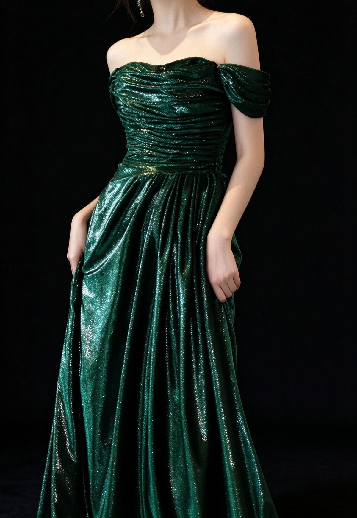 Green Off-the-Shoulder Glitter Velvet Formal Evening Gown fg9055