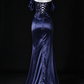 Off-Shoulder Beaded Navy Satin Mermaid Evening Dress with Slit, Formal Prom Gown fg8934