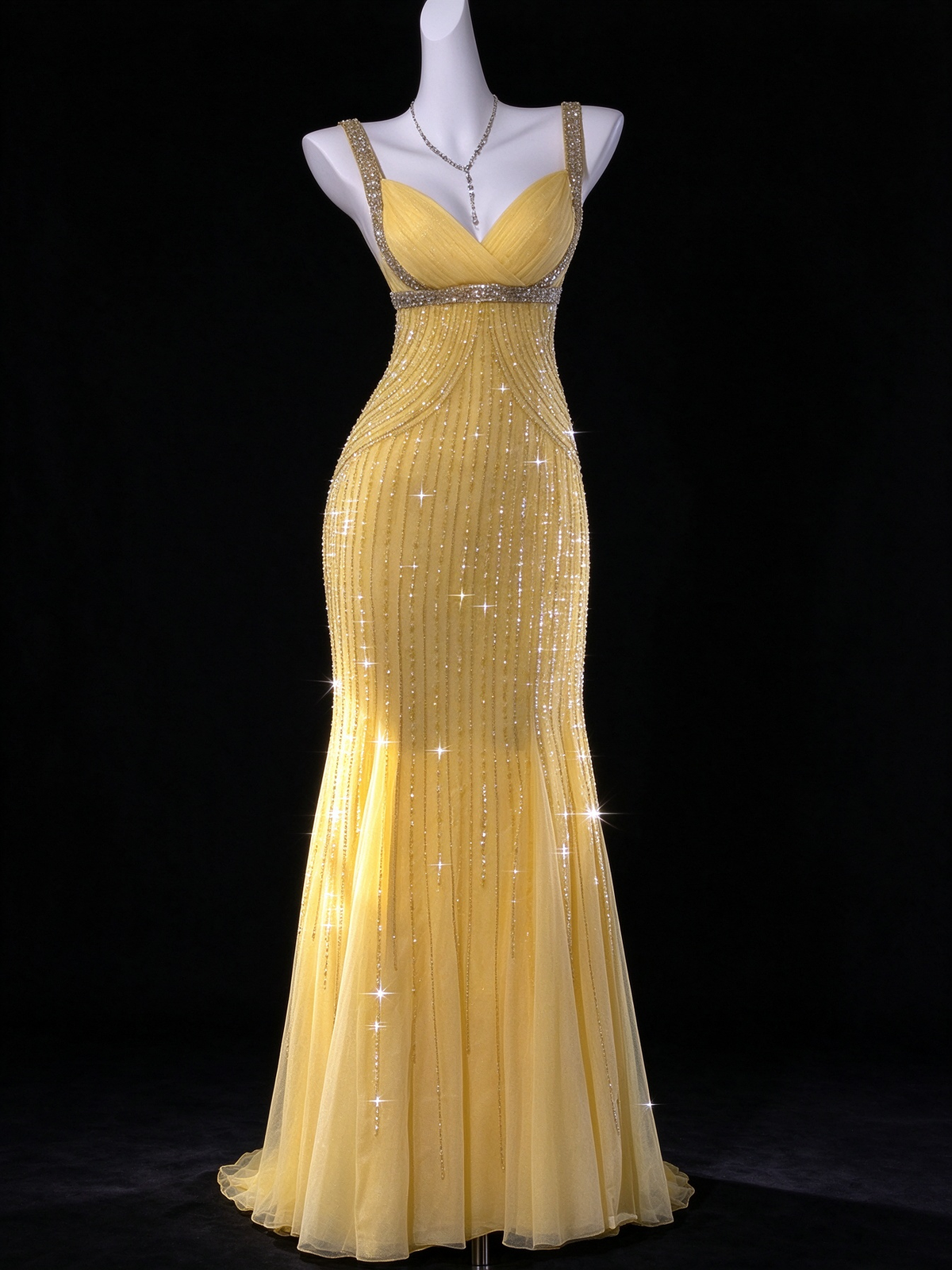 Yellow V Neck Beaded Mermaid Evening Dress With Open Back fg9129