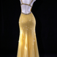 Yellow V Neck Beaded Mermaid Evening Dress With Open Back fg9129