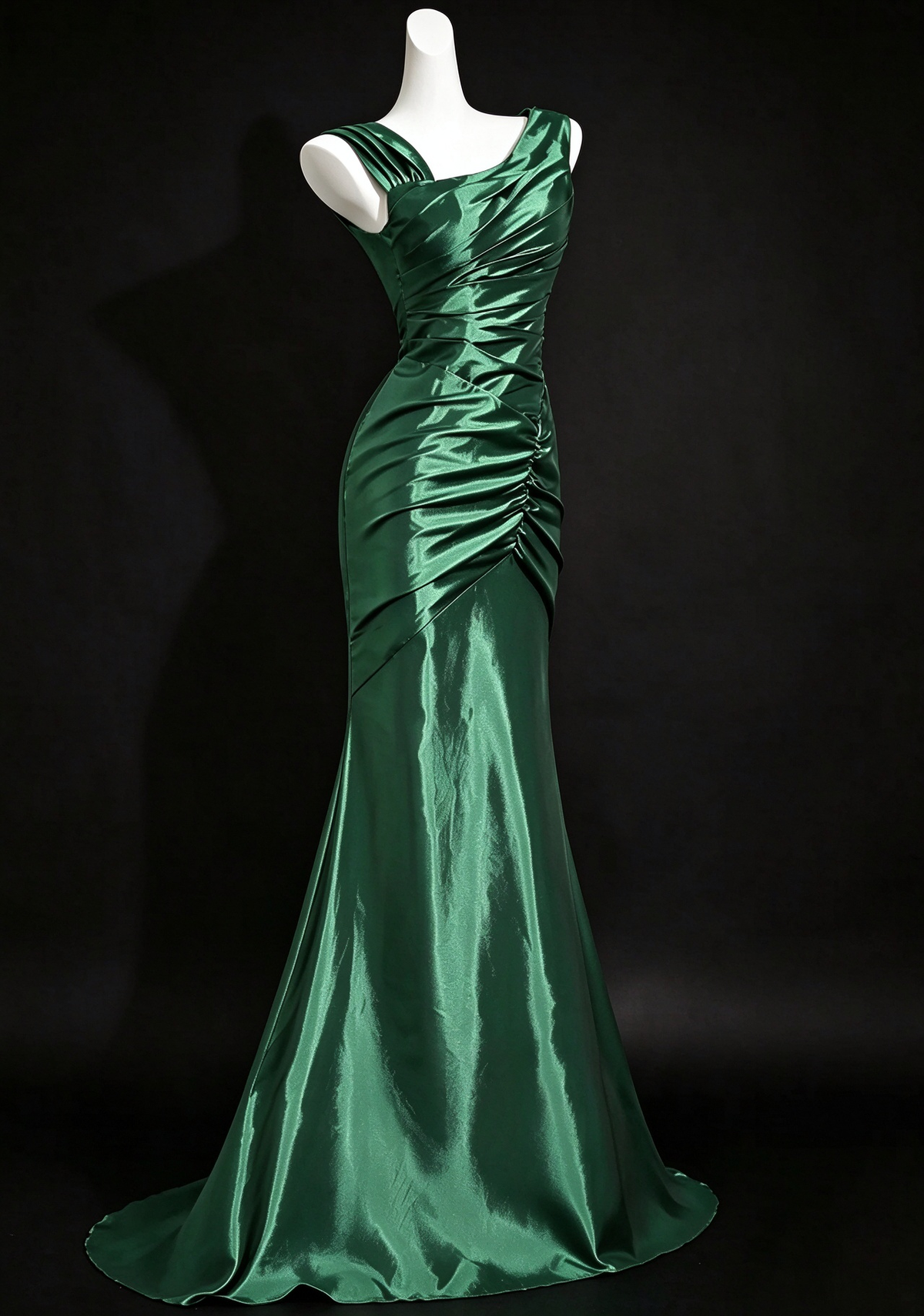 Green Asymmetric Ruched Satin Mermaid Formal Evening Gown fg9057