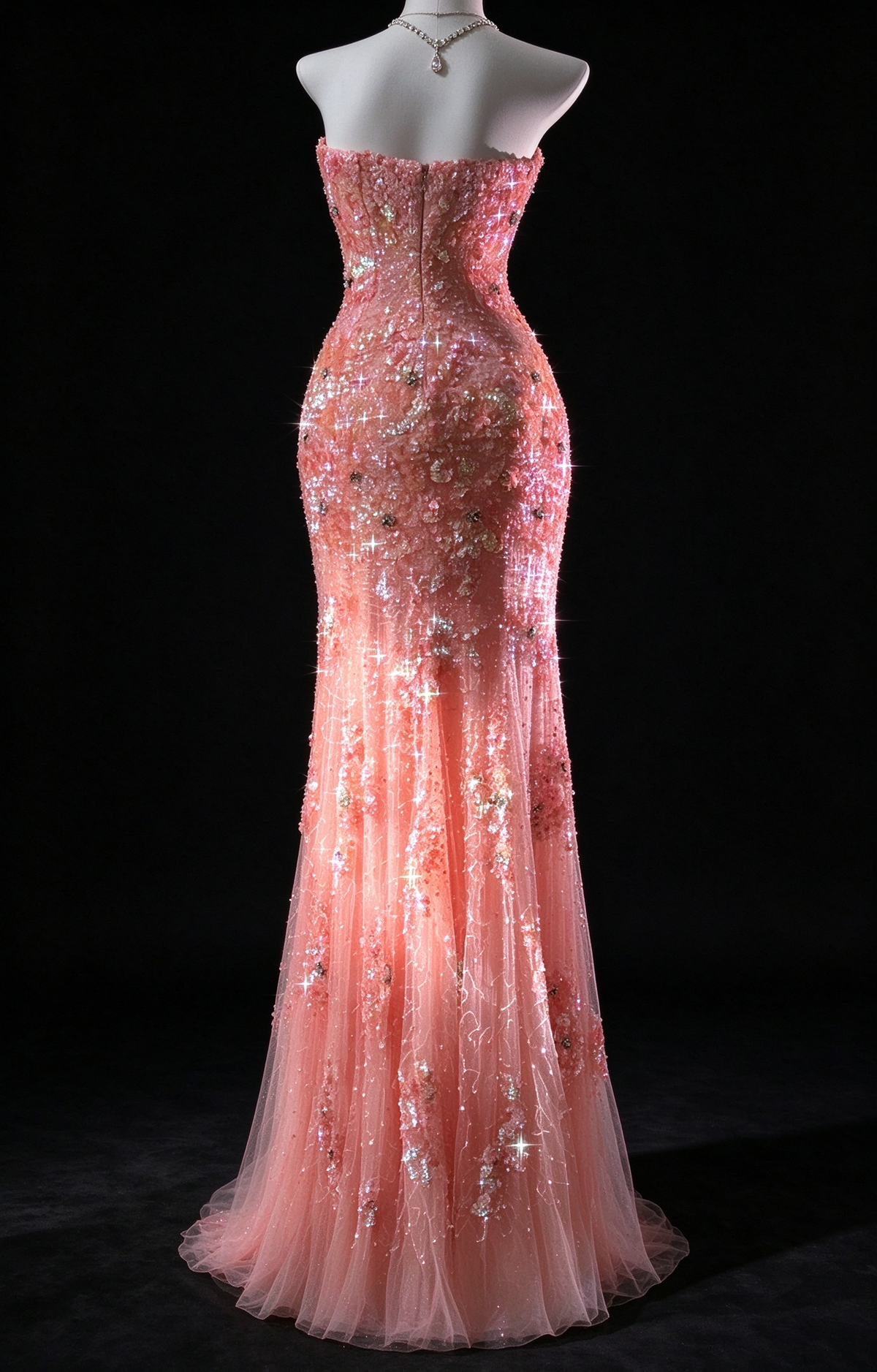 Coral Strapless Sequin Mermaid Evening Dress With Slit fg9128