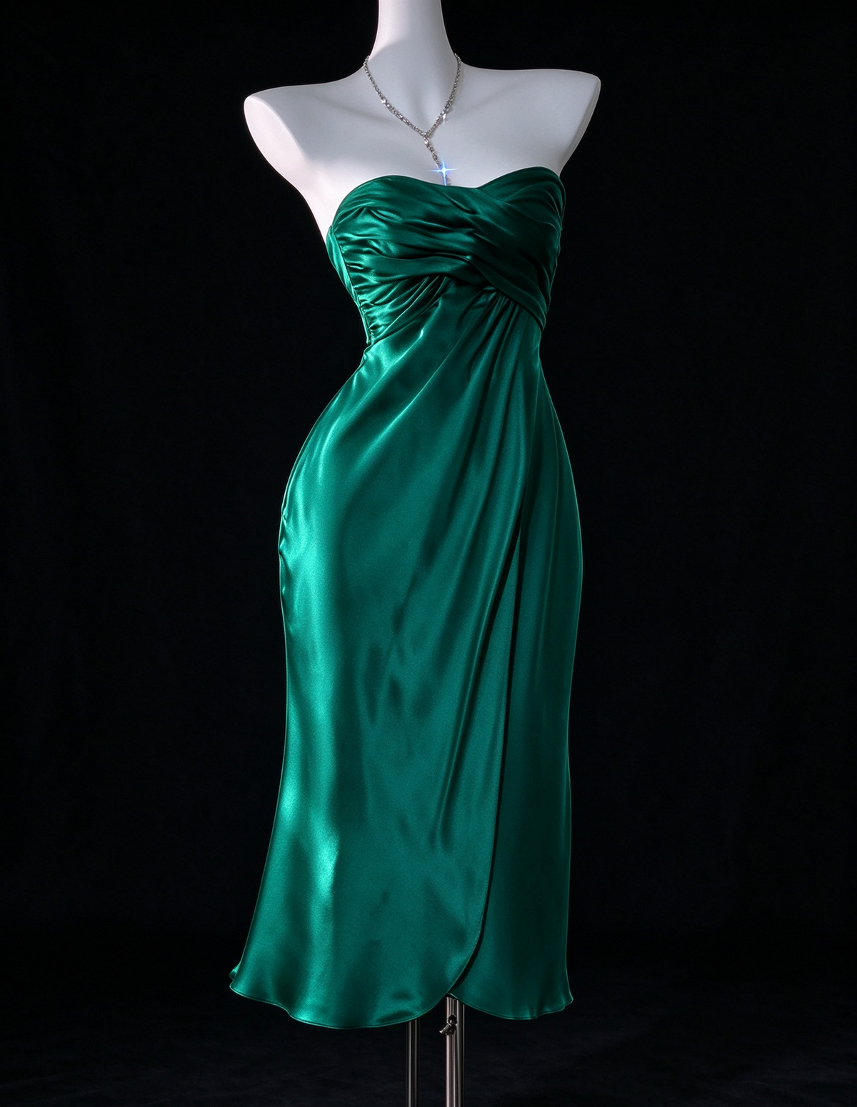 Emerald Strapless Satin Midi Evening Dress With Twist Front fg9131