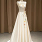 Elegant Satin Floor Length Formal Dress with 3D Flowers, Light Champagne A-Line Evening Party Dress  fg7524