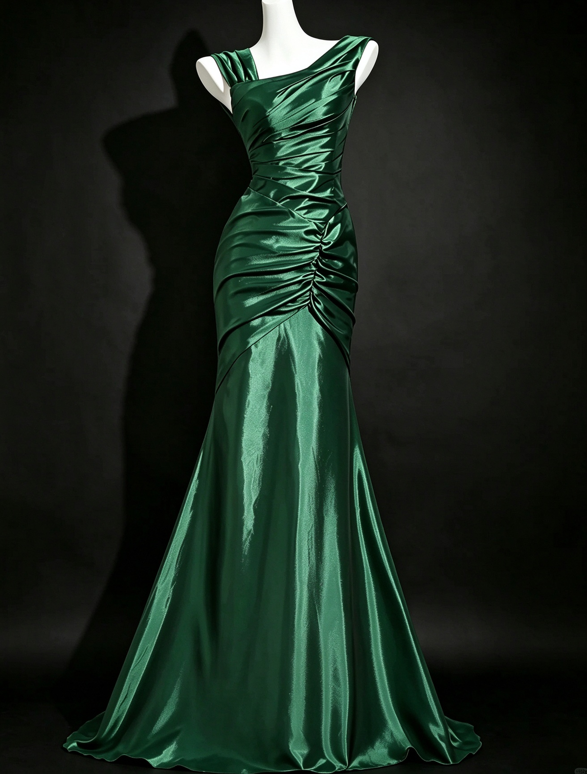Green Asymmetric Ruched Satin Mermaid Formal Evening Gown fg9057