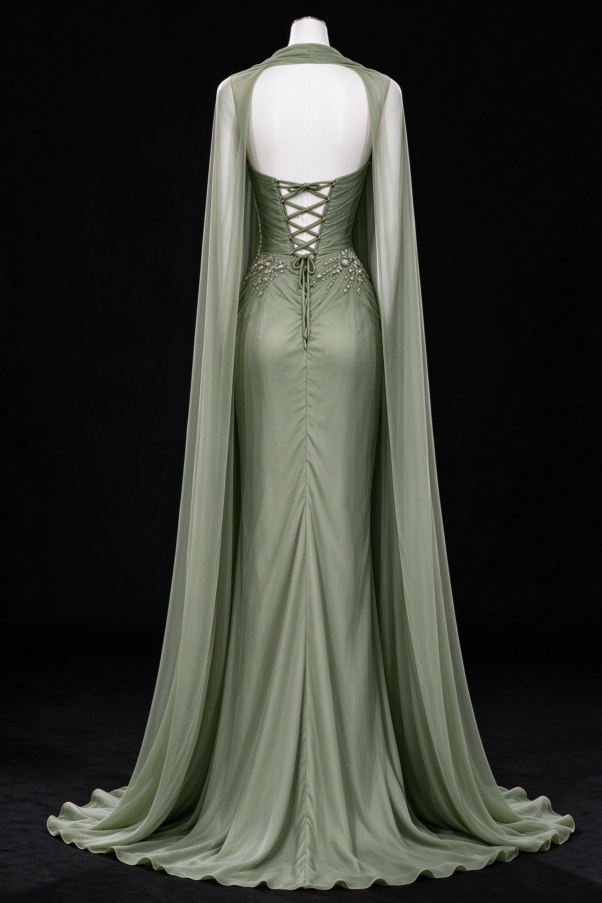 Sage Green Sweetheart Cape Sleeve Beaded Slit Mermaid Evening Gown fg9070