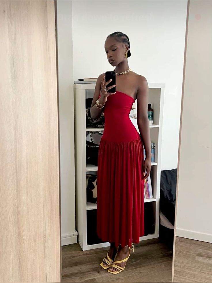 Red Strapless A-Line Long Party Dress Wedding Guest Dress       fg7403