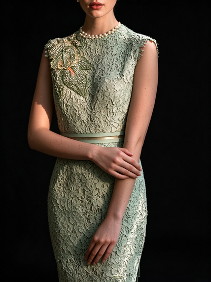 Sage Green High-Neck Cap Sleeve Lace Sheath Formal Evening Gown fg9060