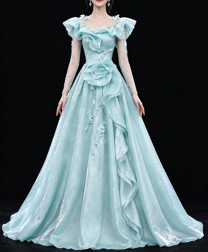 Mint Green Off Shoulder Long Sleeve 3D Floral Tulle Ball Evening Gown fg9062