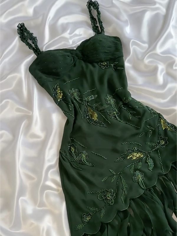 Dark Green Chiffon Ruffle Prom Dress Formal Dress Evening Party Dresses  fg7783