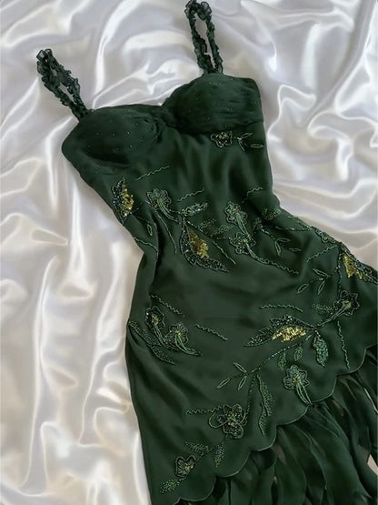 Dark Green Chiffon Ruffle Prom Dress Formal Dress Evening Party Dresses  fg7783