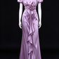 Dusty Purple Satin V-Neck Puff Sleeve 3D Flower Waist Long Evening Dress fg9015
