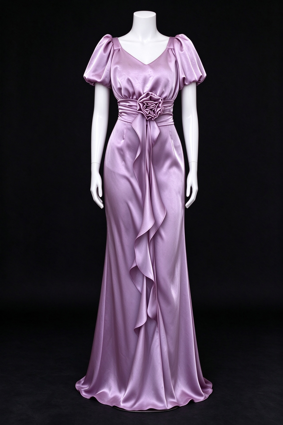 Dusty Purple Satin V-Neck Puff Sleeve 3D Flower Waist Long Evening Dress fg9015