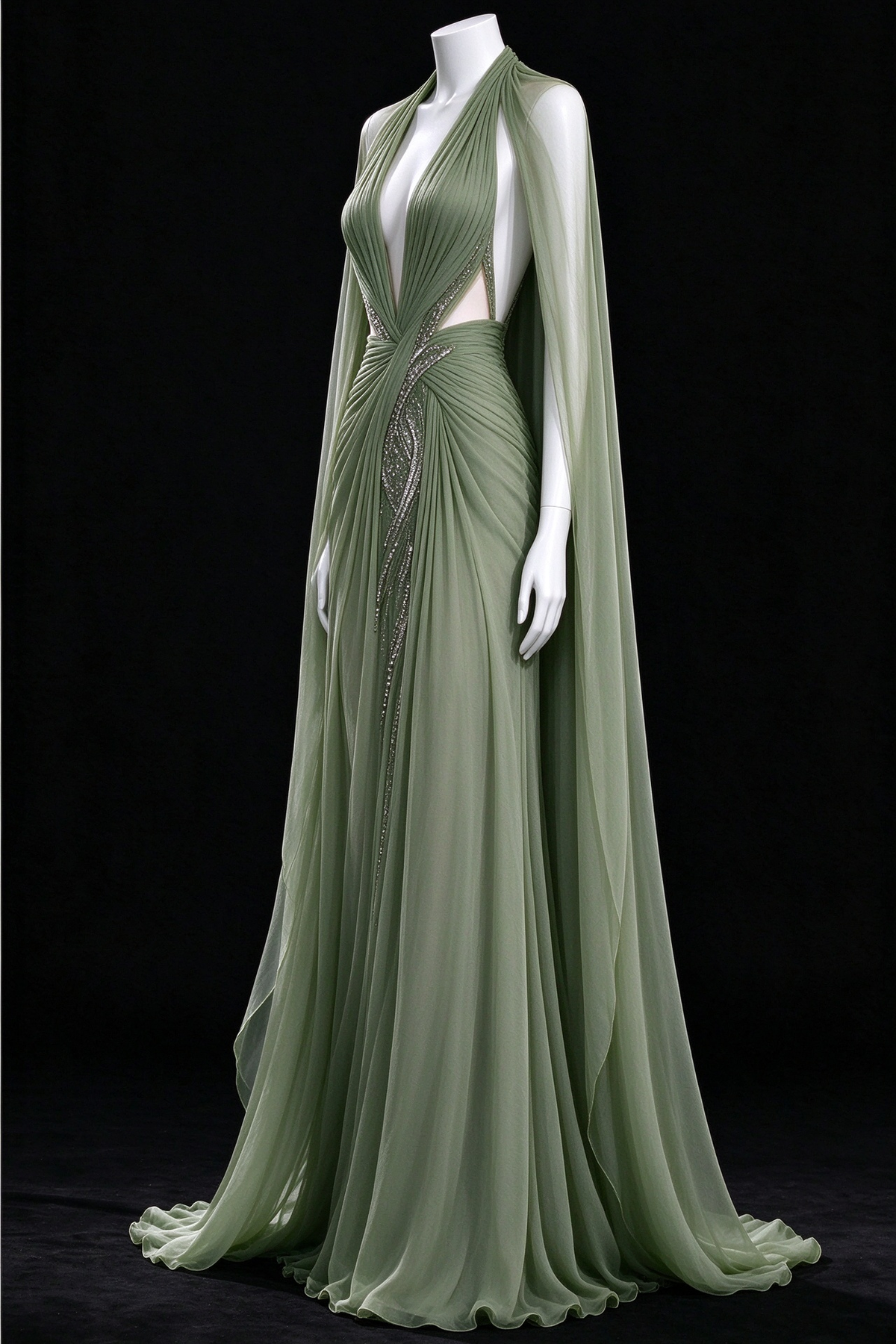Sage Green Halter Deep V Cutout Beaded Cape Sleeve Evening Gown fg9072