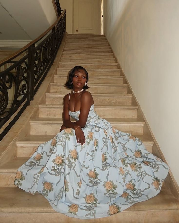 Elegant Printed Long Dress Women Square Neck A-line Robe Beach Holiday Style Long Party Dress     fg8120