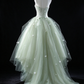 Green Strapless 3D Floral Tulle A Line Evening Gown fg9082