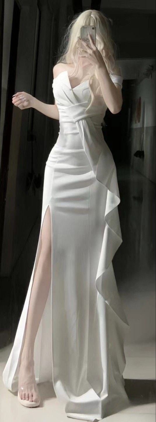White Simple Prom Party Dress Long Formal Evening Dress    fg7483