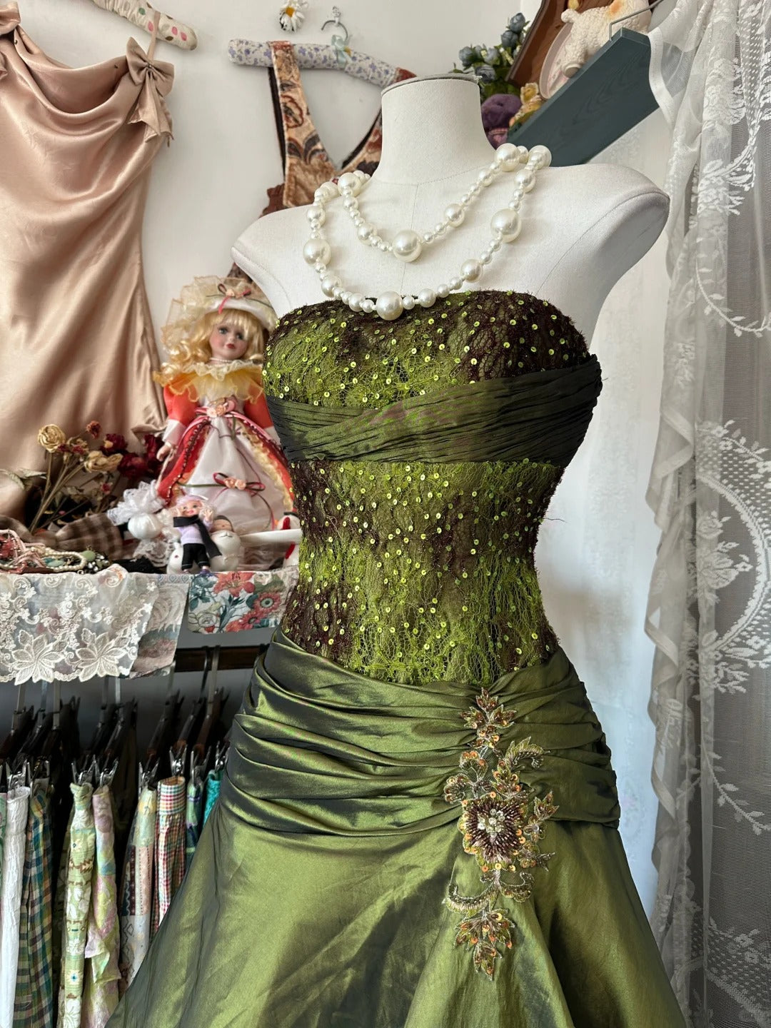 A Line Green Strapless Vintage Prom Dress Long Evening Dress   fg8037