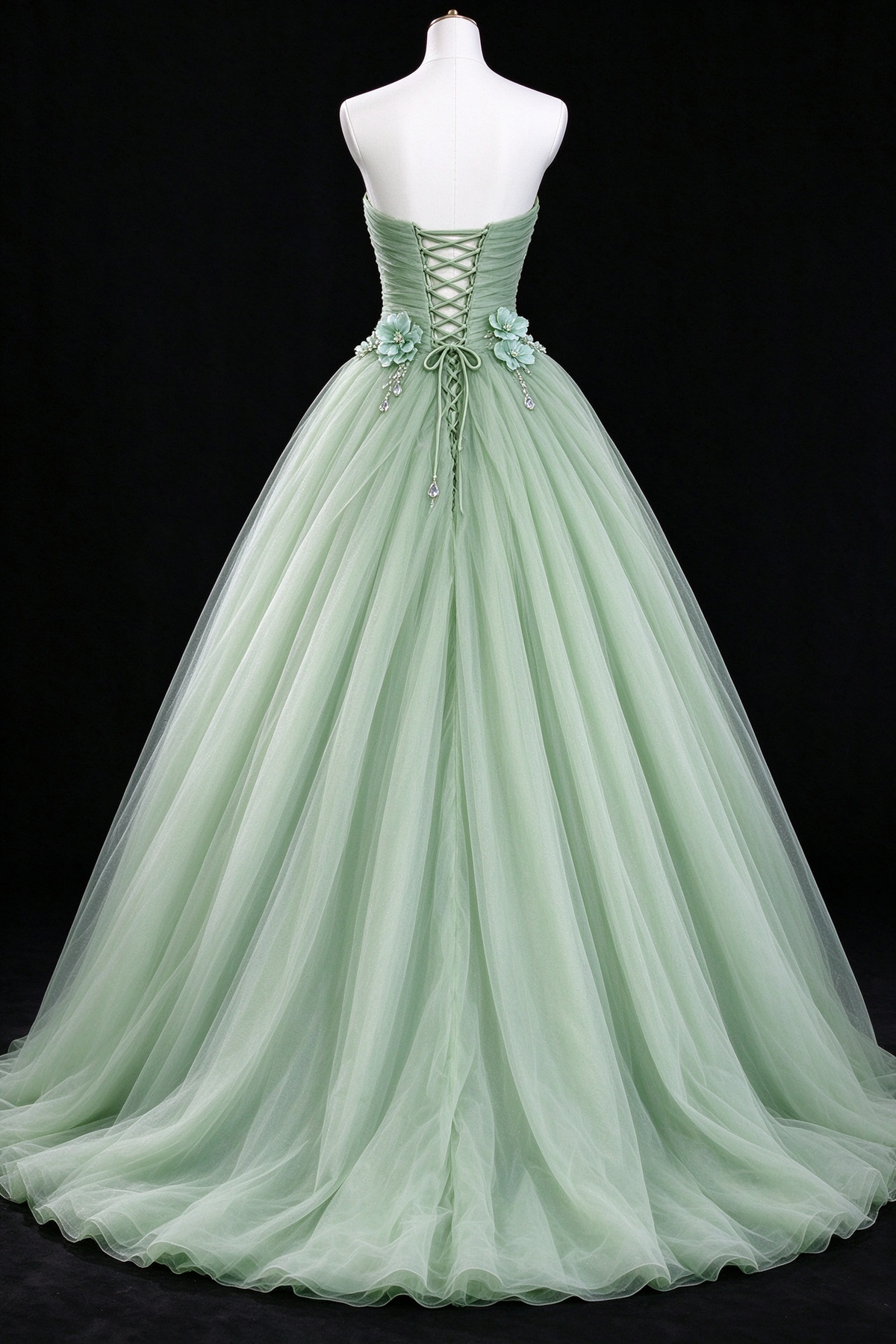 Mint Green Strapless Floral Applique Tulle Ball Gown fg9071