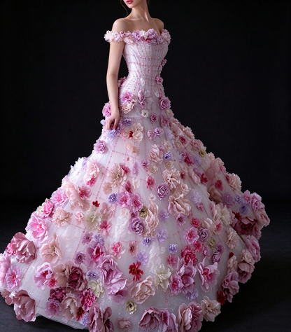 Pink Off-the-Shoulder 3D Floral Tulle Ball Gown fg9049
