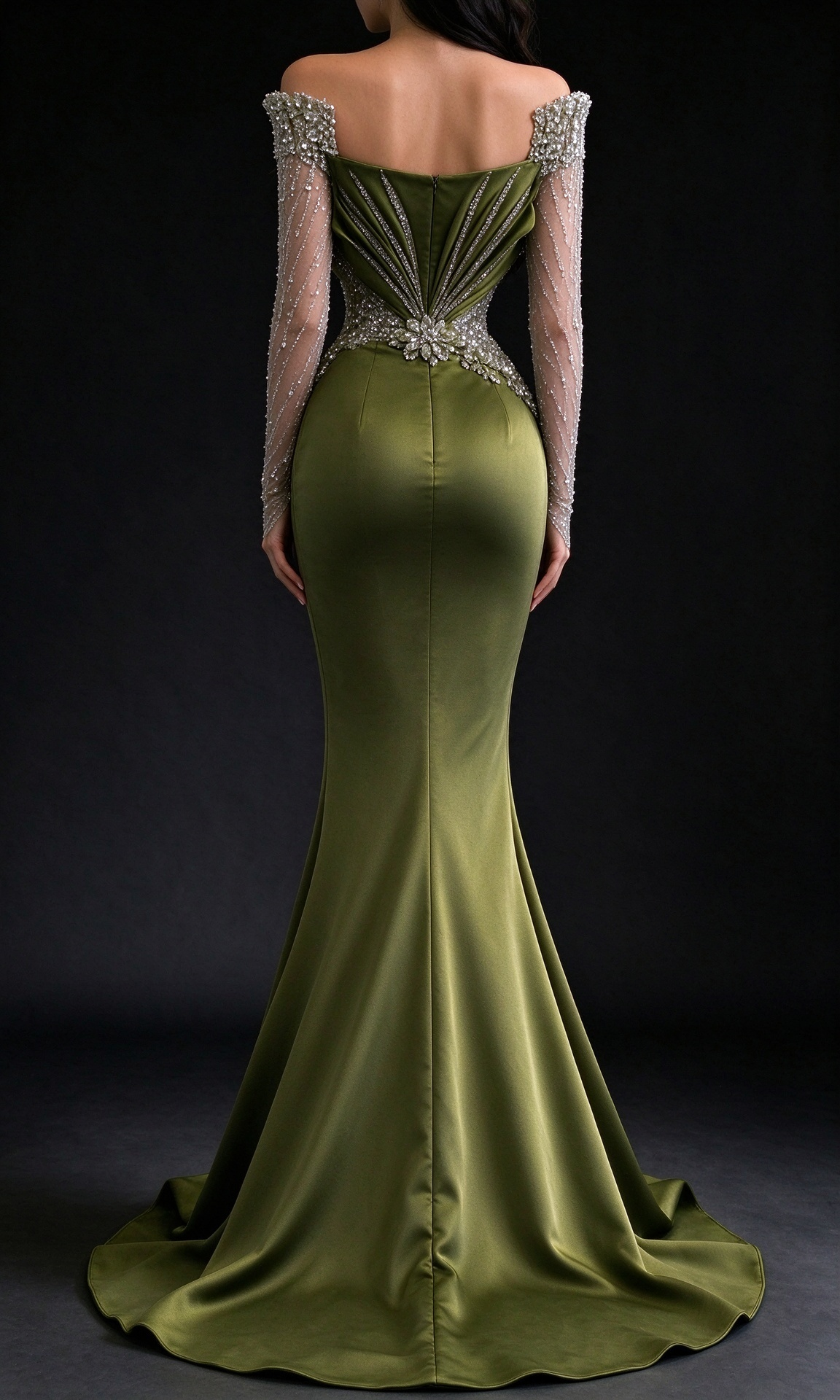 Olive Green Off Shoulder Satin Mermaid Evening Dress with Beaded Sheer Long Sleeves fg9033