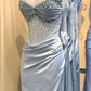 Light Blue Beaded Corset Ruched Formal Dress blue prom dress       fg7488