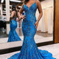 Blue Sequins Applique Prom Dress Mermaid Sleeveless Spaghetti Straps            fg6322