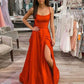 A Line Spaghetti Straps Red Satin Long Prom with Slit, Red Formal Graduation Evening Dress      fg6586