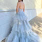 Halter V Neck Open Back Layered Gray Lace Long Prom Dresses, Gray Backless Lace Formal Evening Dresses       fg6162