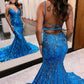 Blue Sequins Applique Prom Dress Mermaid Sleeveless Spaghetti Straps            fg6322