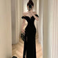 Ruffled Off Shoulder Strapless Black Evening Dress        fg6197