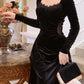 Vintage Balck Long Sleeve Dress Woman Elegant Fashion Velvet Midi Dress     fg6635