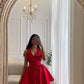 Elegant Short Satin Halter Evening Dresses Muslim Backless A-Line Red Dress Formal Dress Pleated Tea Length Gowns         fg6308