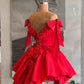 Red Cocktail Party Dress with 3D Flowers Off The Shoulder Elegant Evening Gown for Women      fg6589