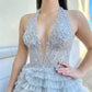 Halter V Neck Open Back Layered Gray Lace Long Prom Dresses, Gray Backless Lace Formal Evening Dresses       fg6162