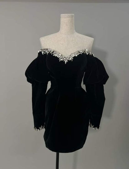 Puff sleeve mini dress, elegant black long sleeve short evening dress     fg6107