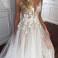 Spaghetti Straps V-Neck Lace Appliques A-line Tulle Rustic Wedding Dress With Slit      fg6416