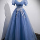 Tulle Lace Floor Length Prom Dress, Short Sleeve Evening Dress      fg6424