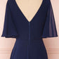 Navy Blue Chiffon V-Neck Ruffled Sleeve Long Bridesmaid Dress           fg6390