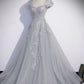 Gray Sweetheart Neck Tulle Lace Long Prom Dress, Gray Evening Dress      fg6115