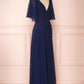 Navy Blue Chiffon V-Neck Ruffled Sleeve Long Bridesmaid Dress           fg6390