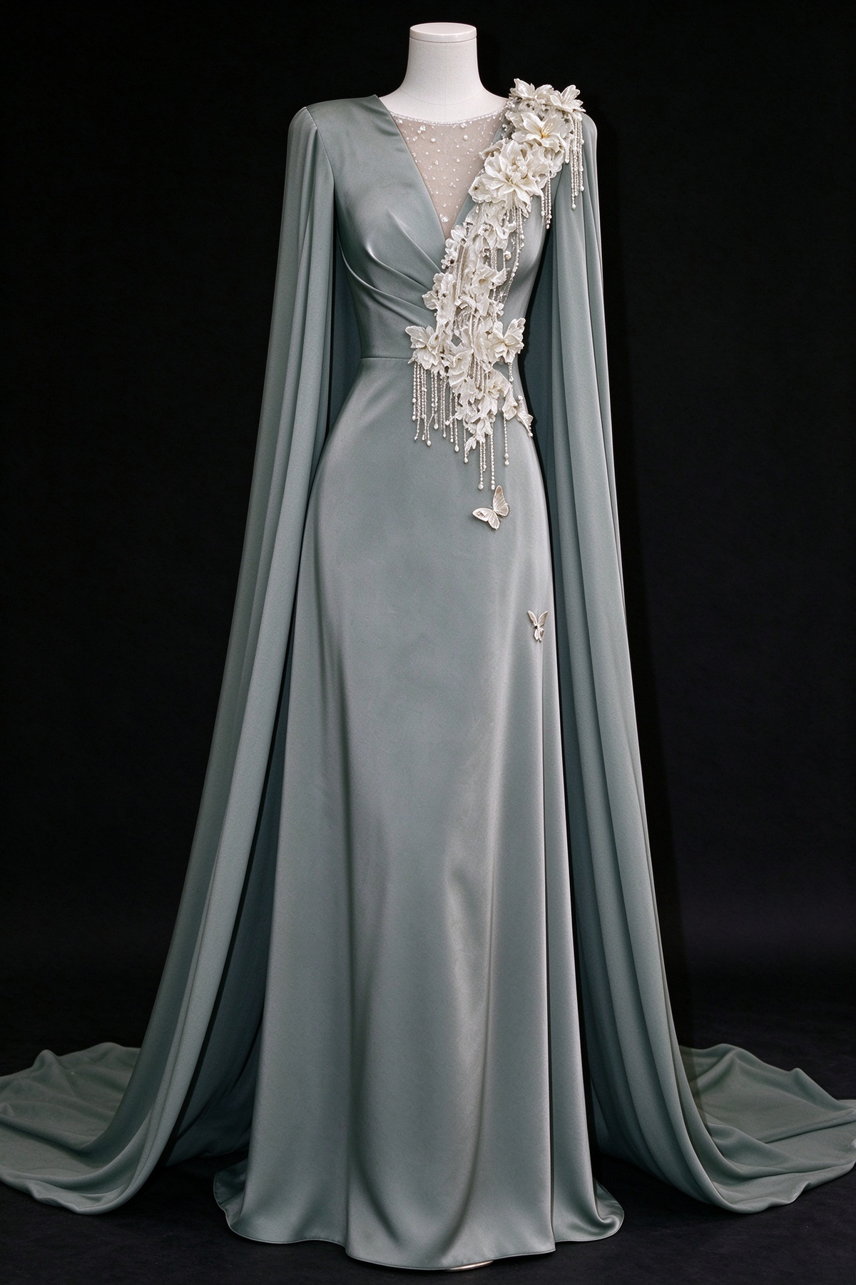 Sage Green Satin Cape Sleeve Evening Gown, 3D Floral & Beaded Butterfly Appliques fg9040
