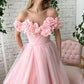 Pink Floral Prom Dresses, Off The Shoulder Evening Gown, Tulle Long Prom Dress  fg4679