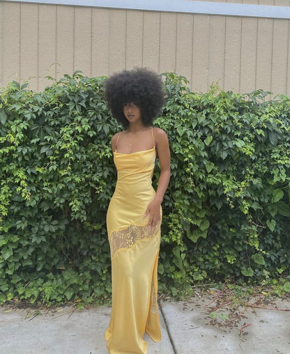 Sexy Yellow Satin Lace Party Dress Long Evening Dress Prom Dresses    fg7808