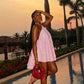 Pink Asymmetrical 3D Flower Halter Mini Dress, Elegant Summer Women's Party Dress   fg8187