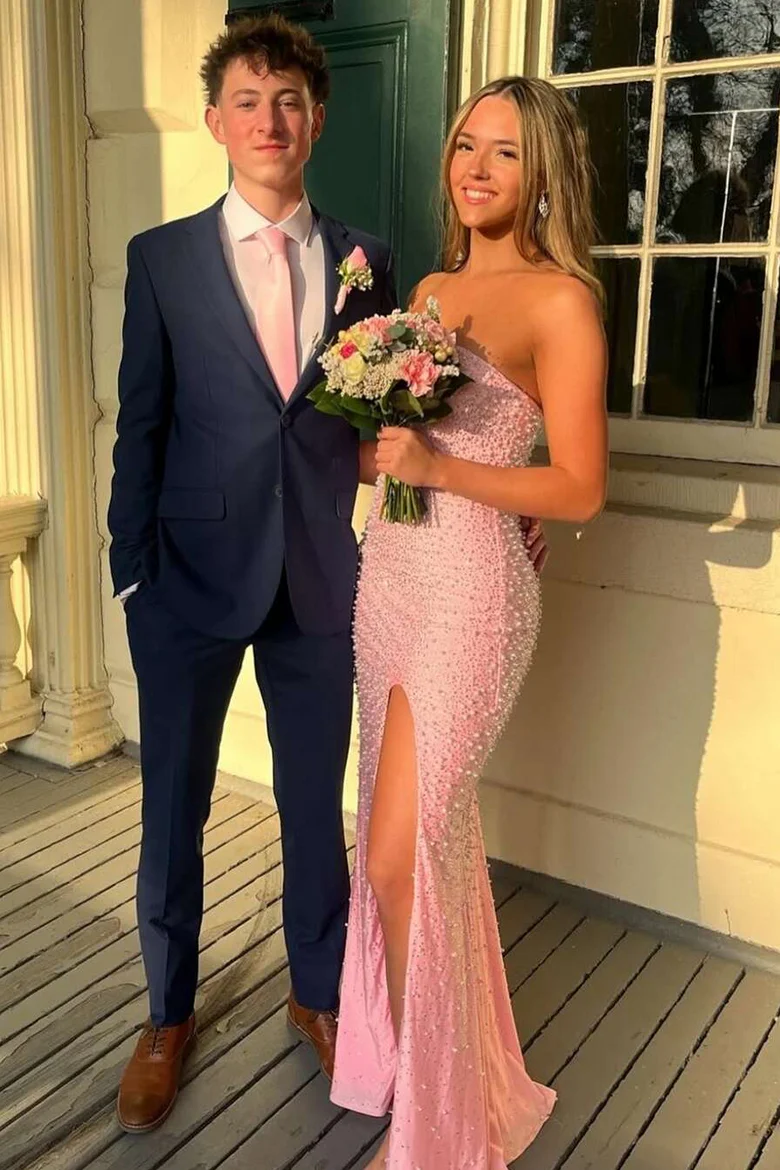 Pink Strapless Beaded Scoop Side Slit Mermaid Long Prom Dress fg8304