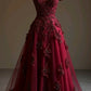 A Line Burgundy Tulle Lace Long Off Shoulder Prom Dress Evening Dresses   fg7658