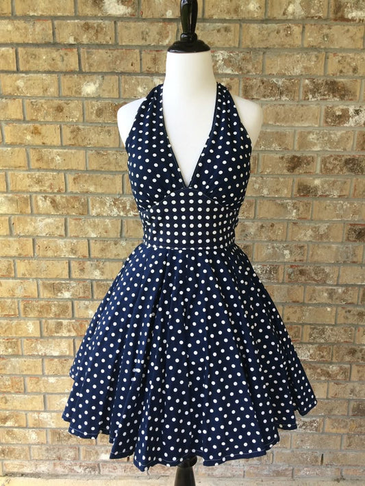 A Line Navy Polka Dots Homecoming Dress Short Evening Dress Cocktail Dresses Short Party Dress   fg7945