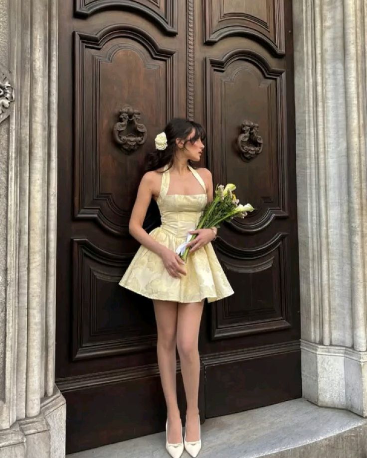 A Line Yellow Halter Short Evening Dress Homecoming Dress Short Party Dress    fg7802