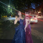 A Line Blue Shinny Tulle Party Dress Long Evening Dress Vintage Prom Dress    fg8153